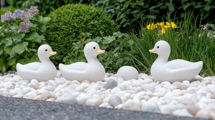 Obraz premium White ducks garden ornament, pebbles, flowers. Use in children's books, home decor