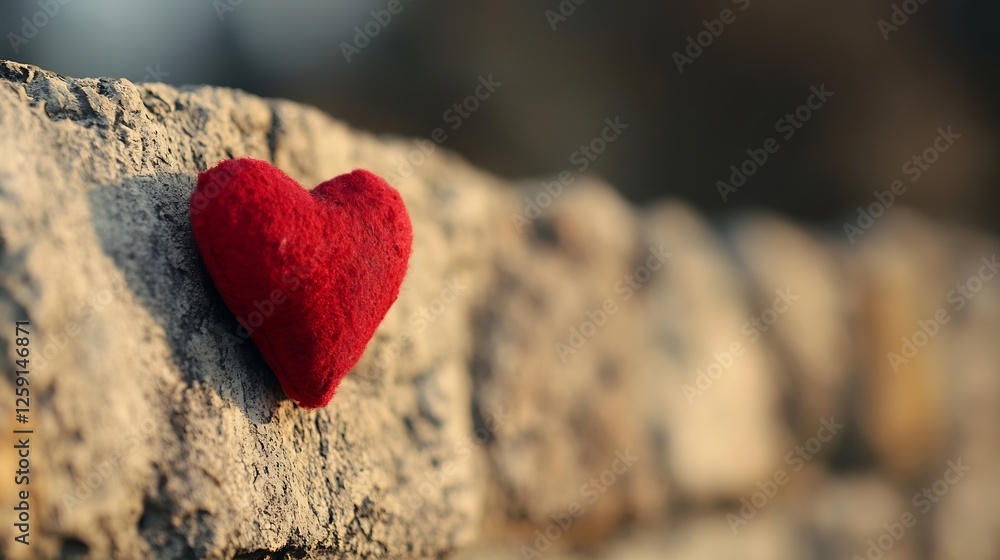 Poster unique red heart shape felt on a stone wall in soft focus : generative ai