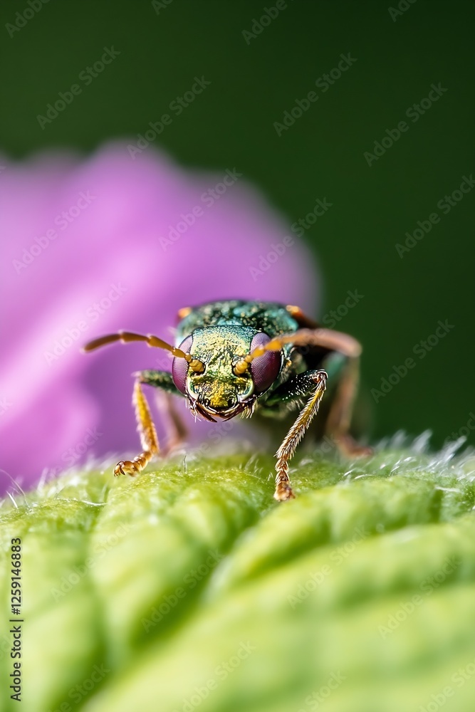 Poster close up of a vibrant green insect with colorful facade on leaf : generative ai