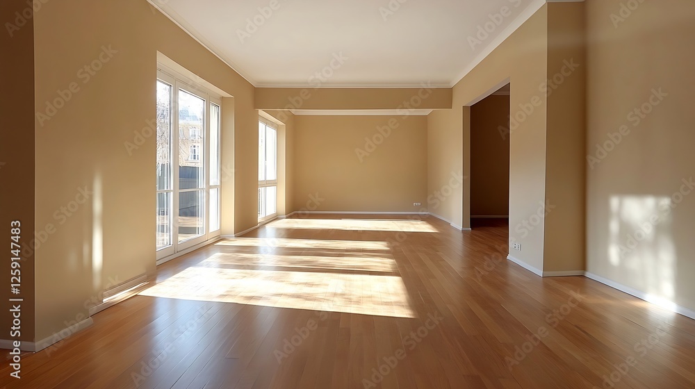 Aufkleber sunlit empty room with beige walls and large windows : generative ai