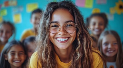 Happy group of school children hugging their female tutor thanking her for her dedication while sitting in a modern classroom full of technology and educational tools