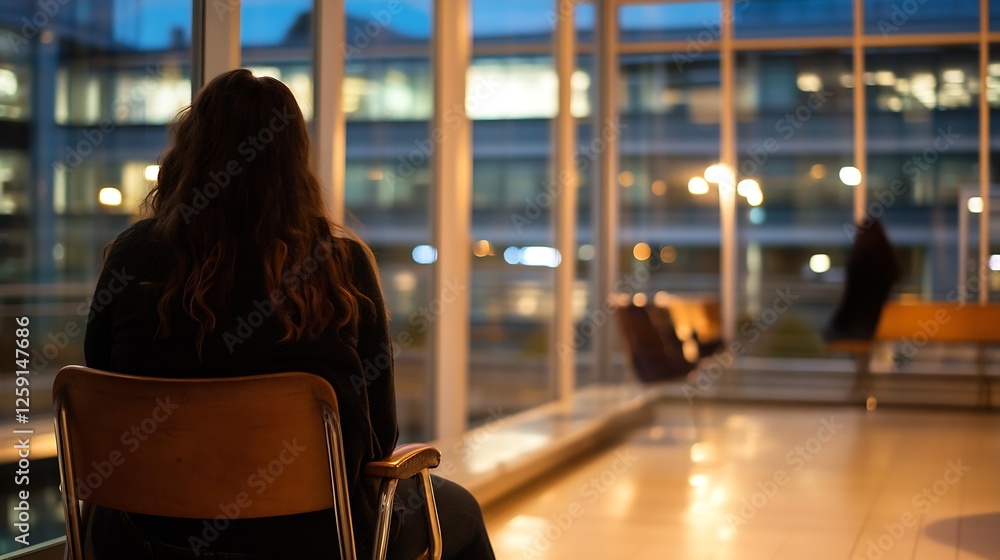 Aufkleber pensive woman sitting alone in a modern lounge during dusk with a view of urban lights and empty cha