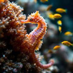 Close-Up of a Vibrant Seahorse Clinging to Coral Reef with Colorful Tropical Fish in Ocean
