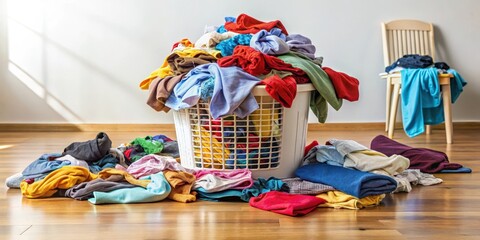 Fototapeta premium Clothes scattered all over the floor with laundry basket in center