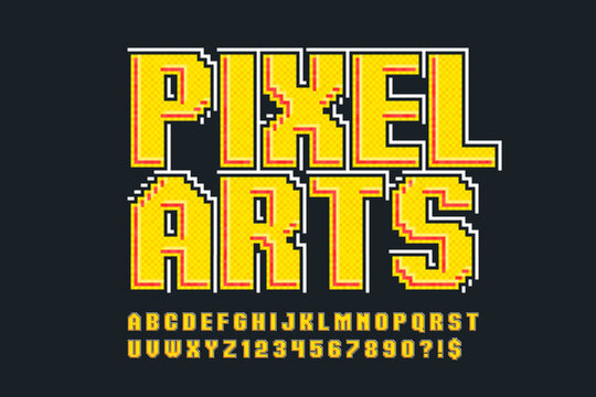 Pixel stylized vector alphabet design. High contrast and sharp, retro-futuristic.