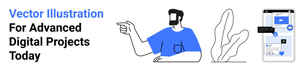 Professional pointing at ideas, abstract plant, smartphone screen with interface elements and analytics. Ideal for teamwork, creativity, innovation, technology, app development, content creation