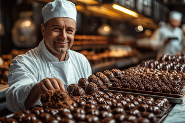 Chocolatier expertly crafting handmade truffles in a luxurious chocolate workshop