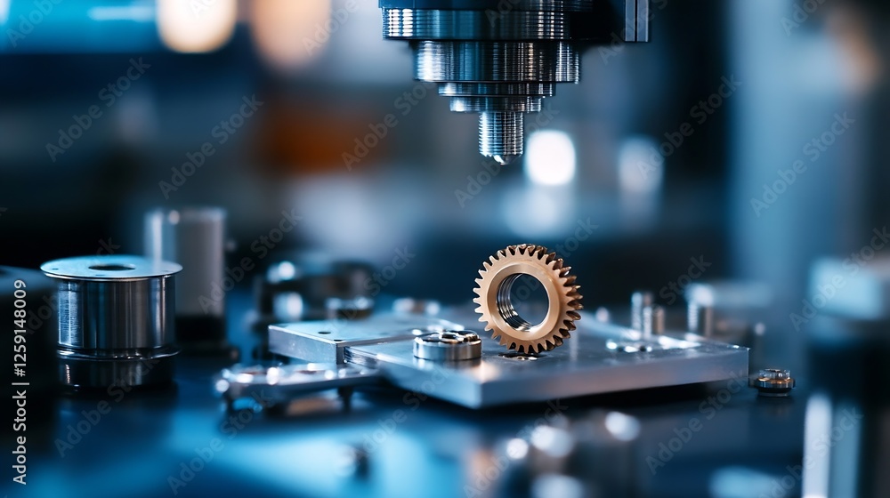 Poster precision engineering with chrome gear and metallic components on workbench : generative ai