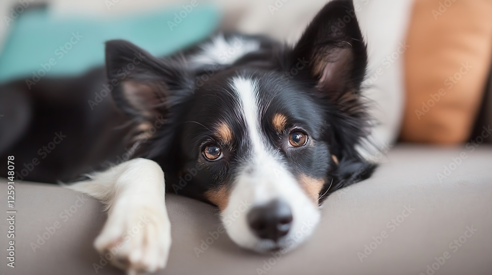 Poster adorable dog relaxing comfortably on couch with soft expressions and warm lighting : generative ai