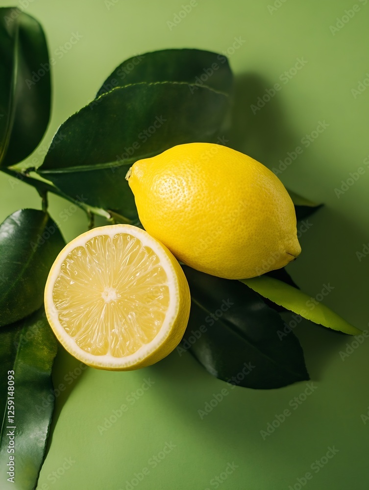 Poster fresh whole and sliced lemon on green backdrop perfect for food and wellness concepts : generative a