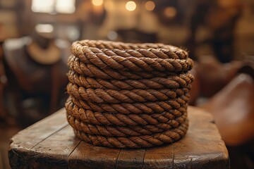 Obraz premium Beautifully crafted leather lasso coiled on a rustic wooden counter