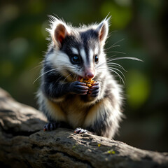 Obraz premium Close-up Portrait of a Cute Marsupial Eating on a Branch in a Lush Green Forest Environment