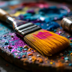 Fototapeta premium Closeup of Vibrant Paintbrush on Colorful Palette Full of Pigments in Art Studio Setting