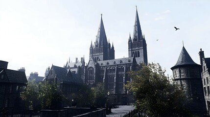 Fototapeta premium Pixelated Medieval European Cityscape With Gothic Architecture