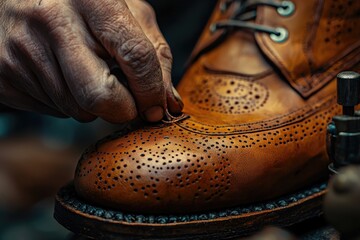 Shoemaker meticulously stitching a handcrafted leather boot with precision