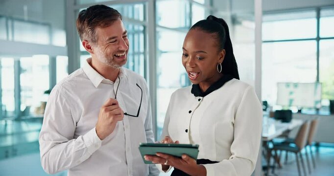 Team, tablet and business people talking, meeting and problem solving in office. Technology, planning and cooperation with happy project manager for development cost, schedule or objective discussion