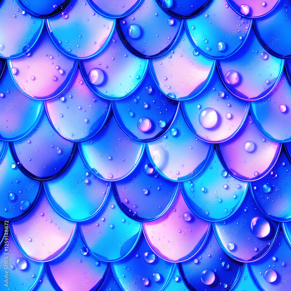 Poster colorful iridescent scale pattern with water droplets creating a vibrant abstract background