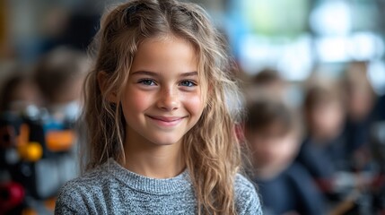 Modern classroom where children are learning coding and robotics with their teacher smiling proudly at their progress and teamwork