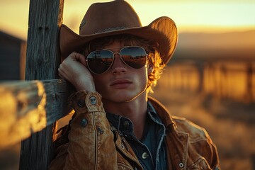 Confident cowboy adjusting sunglasses against a rustic fence at sunset