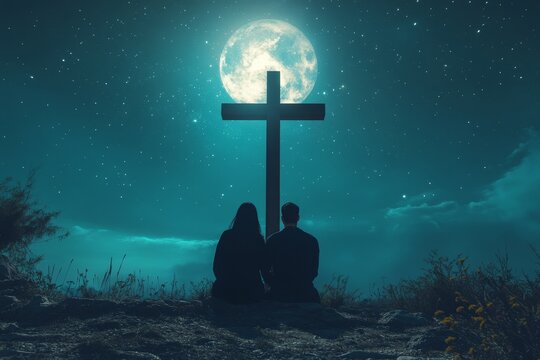 Couple praying under moonlit cross, night sky
