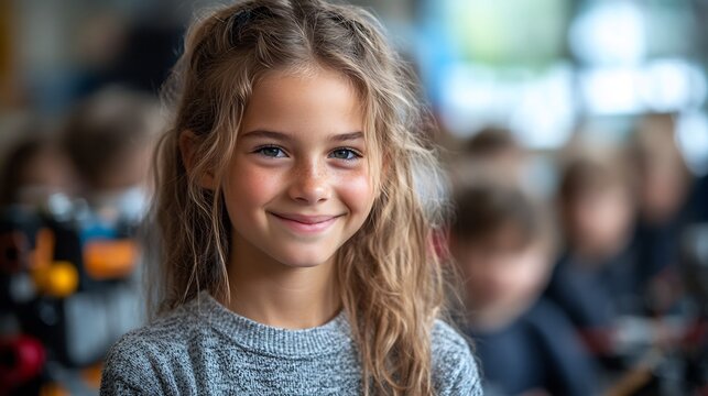 Modern classroom where children are learning coding and robotics with their teacher smiling proudly at their progress and teamwork