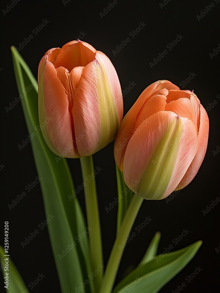 Poster Two Soft Pink Tulips with Green Leaves Set Against a Dark Background Creating a Romantic Feel : Generative AI