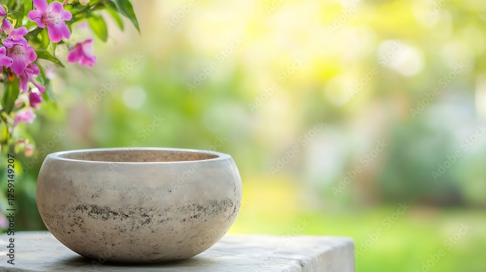 Poster serene stone bowl surrounded by natural elements and floral background in a garden setting : generat