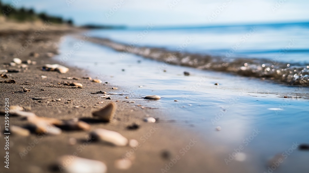 Poster peaceful beach shoreline with smooth sandy coastline and calm waves under a clear sky : generative a