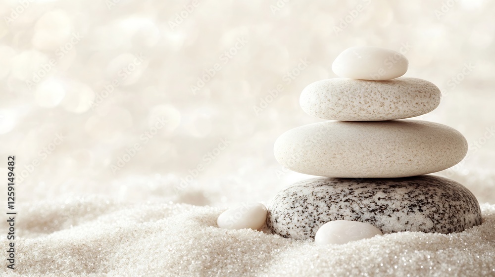 Aufkleber serene stacked white stones on gentle sandy beach with soft focus background : generative ai