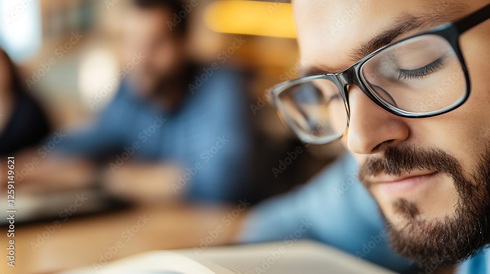 Poster introspective young man in glasses reading a book deep in thought : generative ai