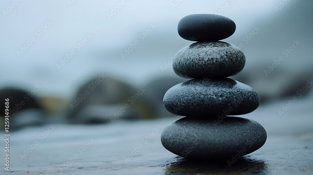 Poster Stack of Smooth Stones on a Tranquil Beach Creating a Sense of Calm and Balance : Generative AI