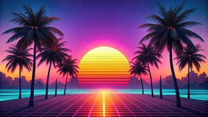 Retro beach sunset with neon colors and synthwave style background, tropical paradise