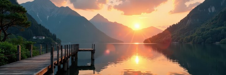 Obraz premium early morning sun peeking over mountains behind wooden pier, tree, forest