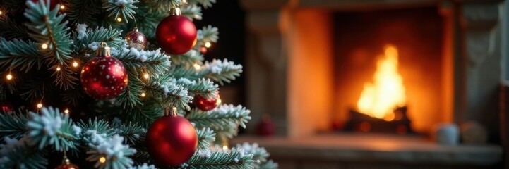 Snowy Christmas tree with ornaments against warm fireplace background, interior design , holiday decor, home decor