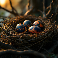 Obraz premium Decorative Blue and Orange Eggs Nestled in a Twisted Branch Nest Amidst Sunlit Foliage