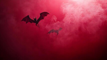 Fototapeta premium Two Bats Flying in Red Smoky Background