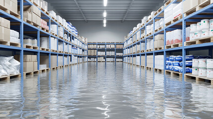 Flooded Warehouse Interior Showing Extensive Water Damage