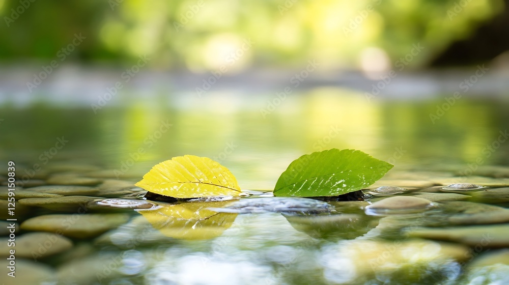 Aufkleber serene stillness of leaves floating on clear water surface : generative ai
