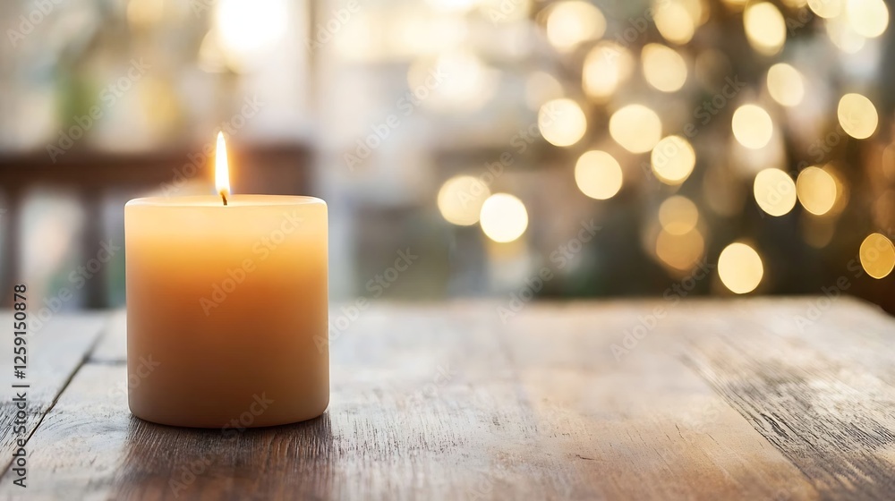 Poster single white candle on wooden table with blurred lights and warm colors in background : generative a