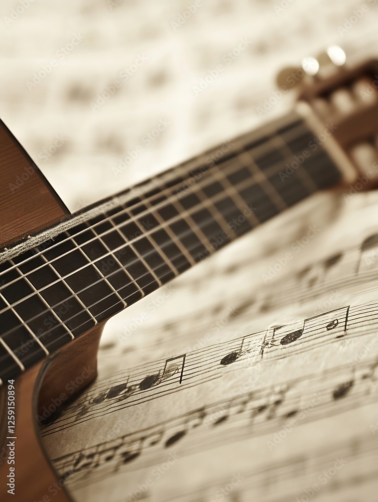 Poster close up of a beautiful acoustic guitar on sheet music creating an artistic vibe : generative ai