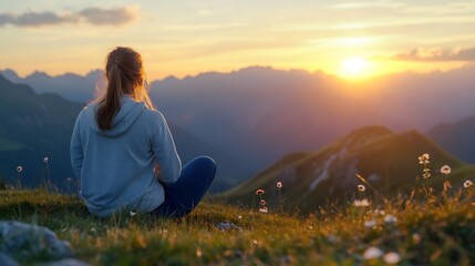 Woman Enjoying Sunset While Sitting on Mountain with Green Grass and Flowers Around : Generative AI