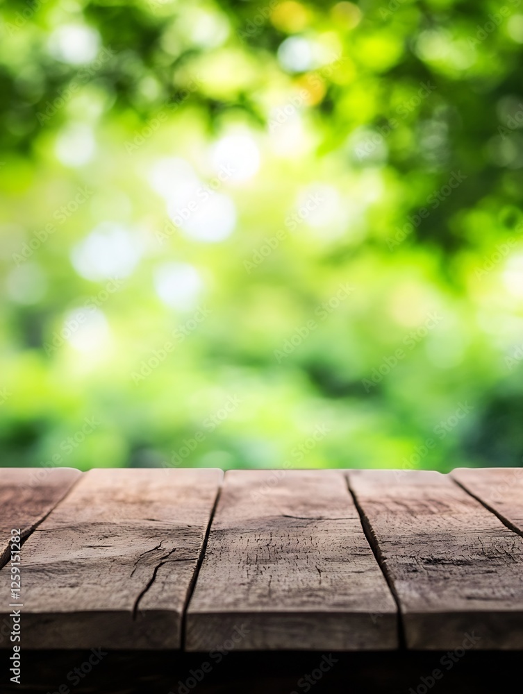 Aufkleber serene wooden table background against a blurred lush green natural backdrop for rustic decor and de