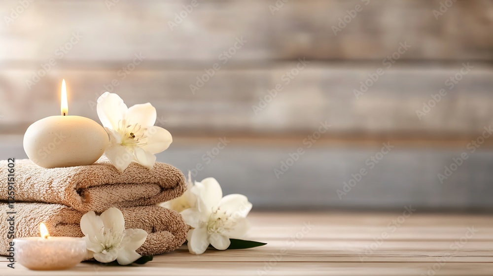 Aufkleber Elegant Spa Setting with Soft Towels Candles and Flowers for a Relaxing and Rejuvenating Experience : Generative AI