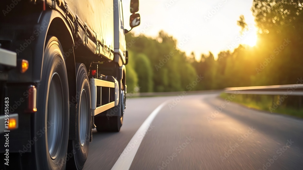 Poster dynamic view of truck wheels in motion on open road during sunset : generative ai