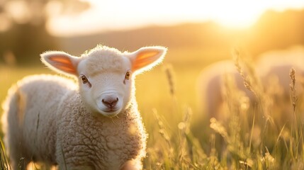 Fototapeta premium Cute Lamb in Sunlit Field Representing Nature and Farm Life During Golden Hour : Generative AI