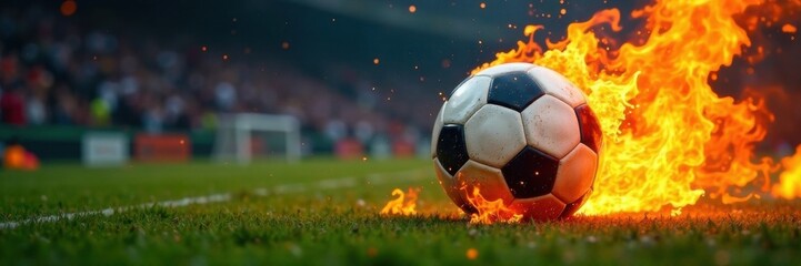 Fototapeta premium Soccer ball engulfed in flames on burning football field, chaos, fire