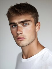 Fototapeta premium Stylish Close Up Portrait of a Young Man with Captivating Eyes and Modern Haircut : Generative AI