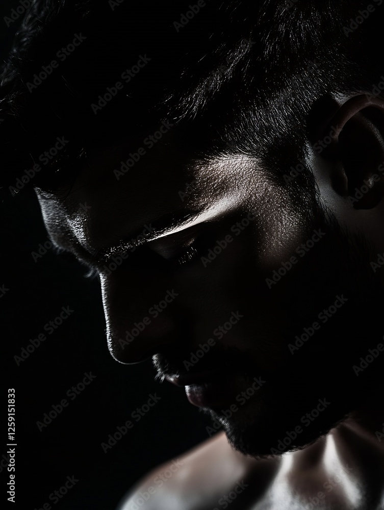 Poster profile silhouette of a man showcasing dramatic lighting and shadows creating an artistic mood : gen