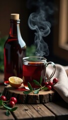 rustic wooden table with steaming wine and mistletoe, cozy atmosphere, mulled wine, rustic wood