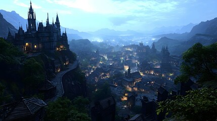 Fantasy Mountain Cityscape At Dusk